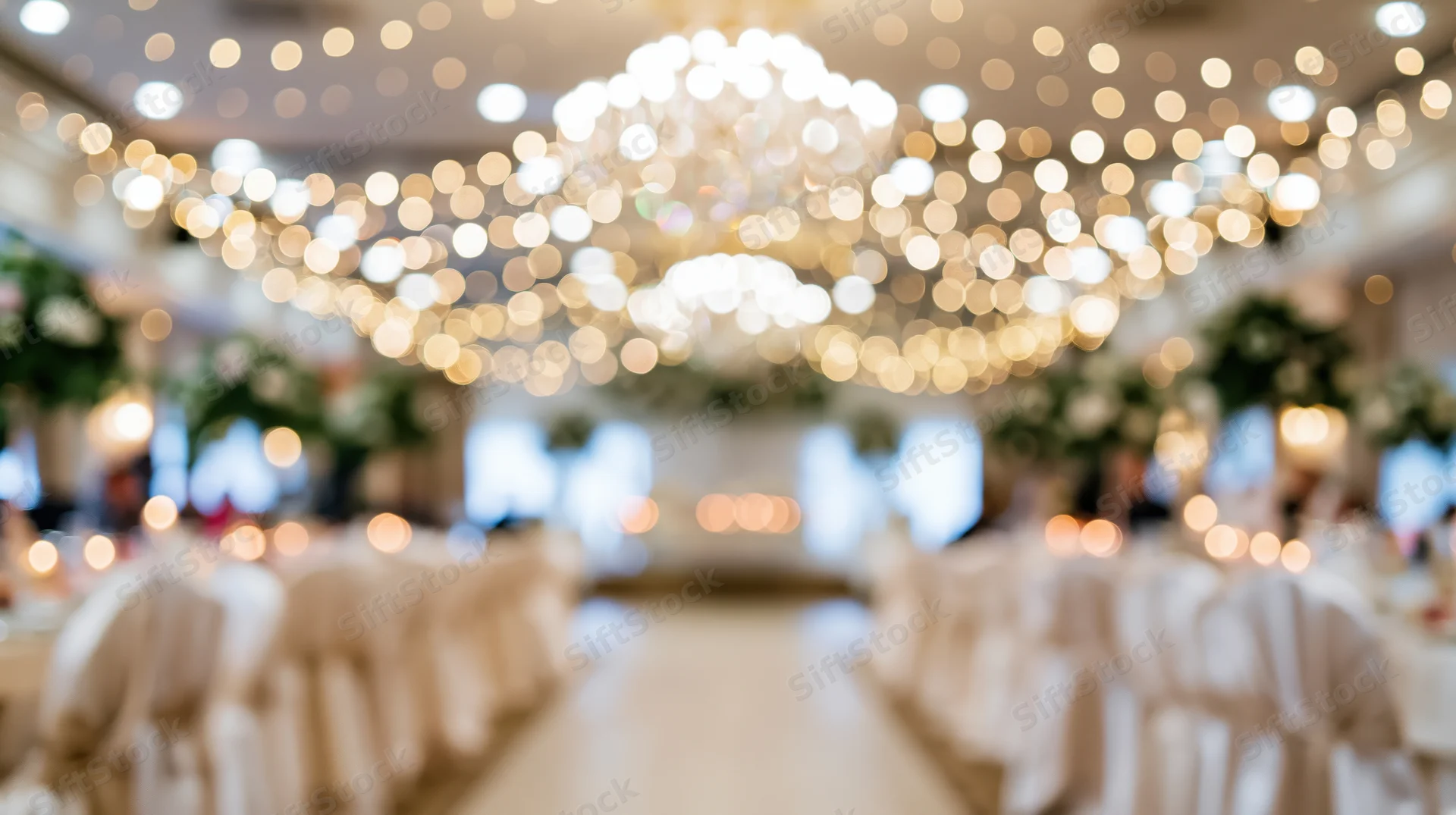 Blurred interior of a wedding reception with golden bokeh lights and white table settings