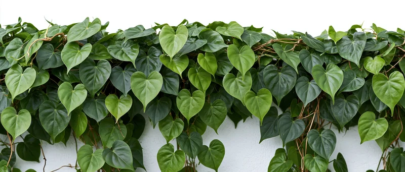 Heart-shaped leaves of a climbing vine cascading down a white wall