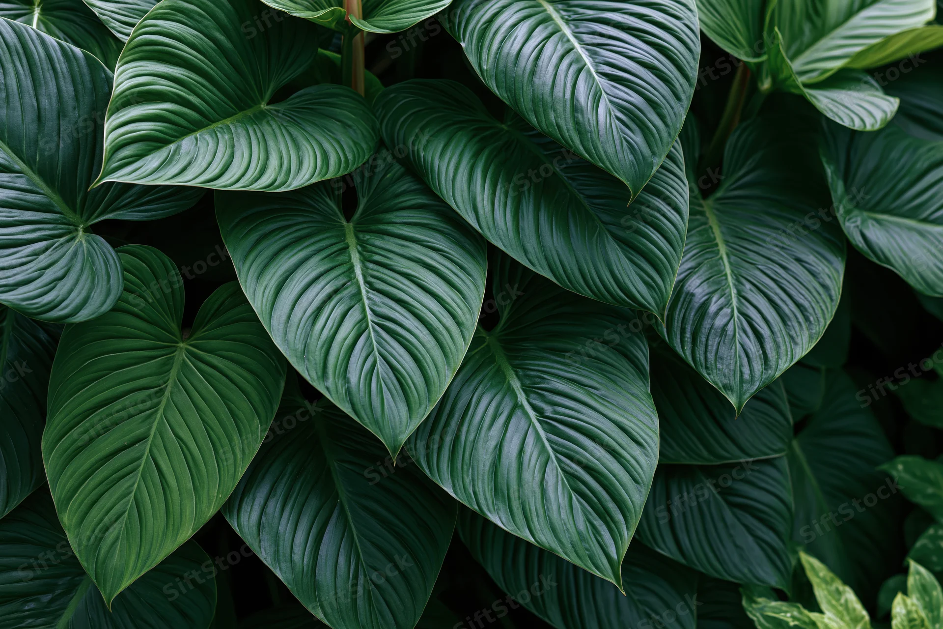 Dense cluster of large tropical leaves filling the frame