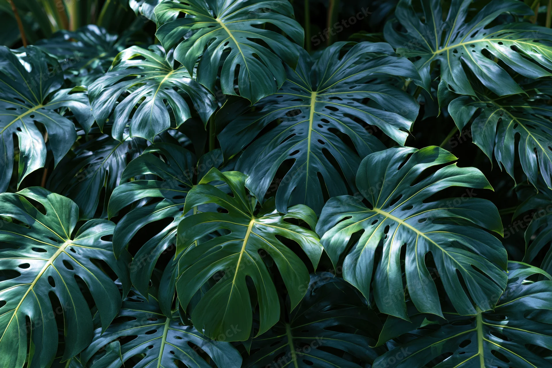 Dense cluster of monstera deliciosa leaves filling the frame with lush green foliage