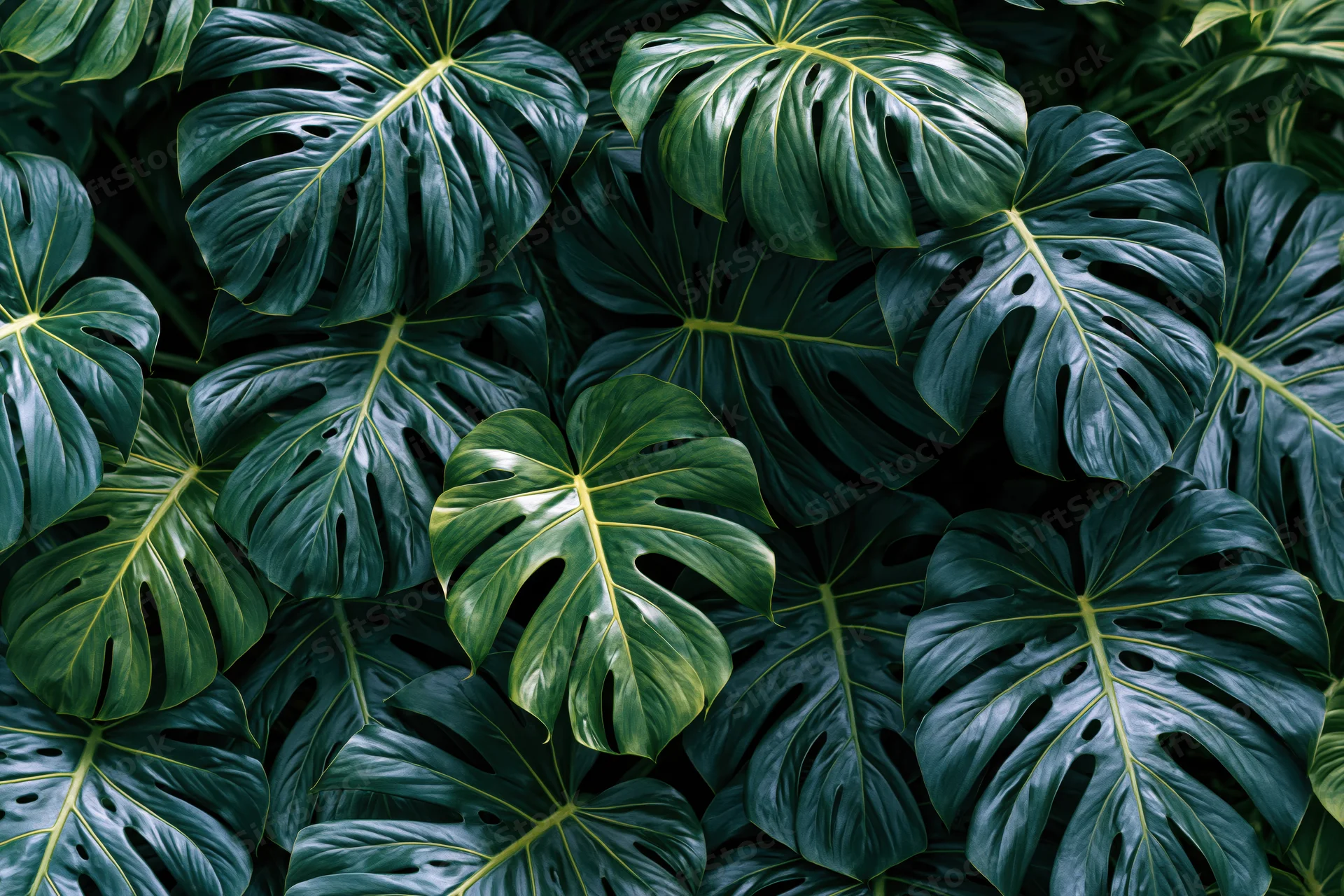 Dense cluster of monstera deliciosa leaves filling the frame with lush green foliage