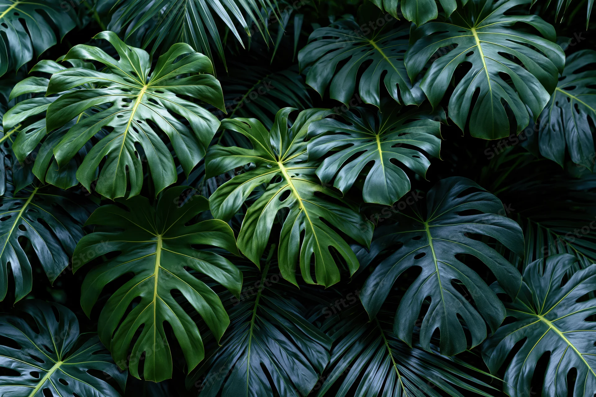 Dense cluster of monstera deliciosa leaves filling the frame