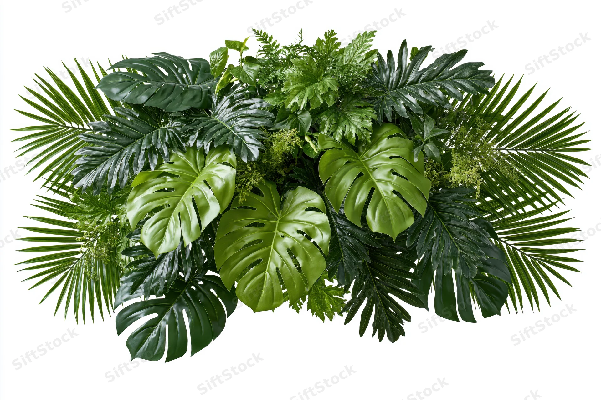 Dense cluster of tropical foliage arrangement floating against white background