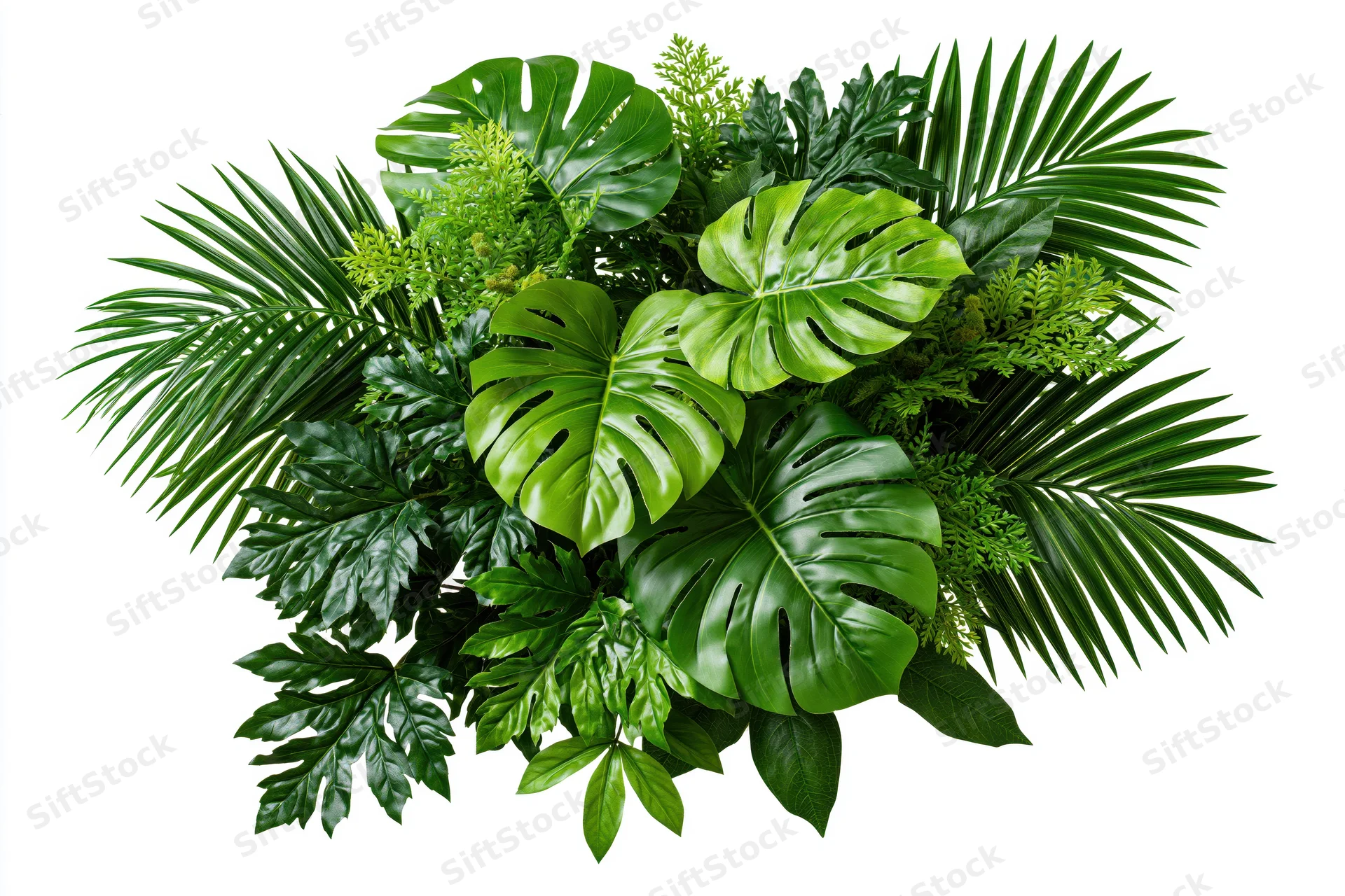 Dense cluster of tropical foliage arrangement floating against white background