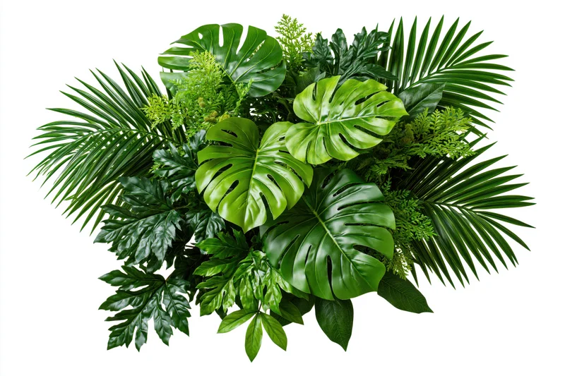 Dense cluster of tropical foliage arrangement floating against white background