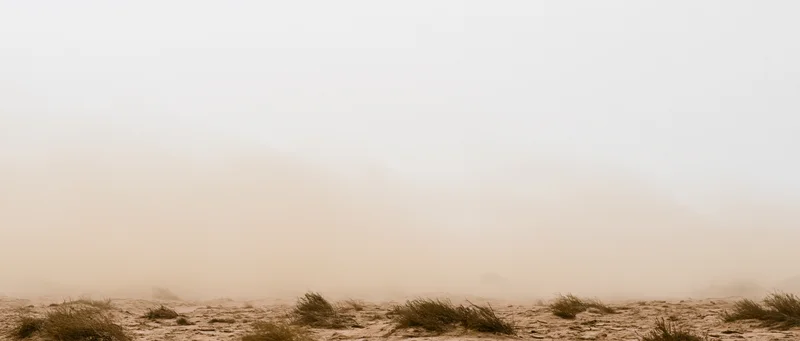 Dense dust cloud billowing low across dry desert floor with sparse scrub vegetation