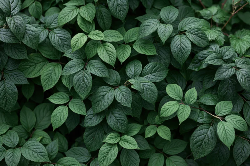 Dense layered green foliage of wild shrubs filling the frame