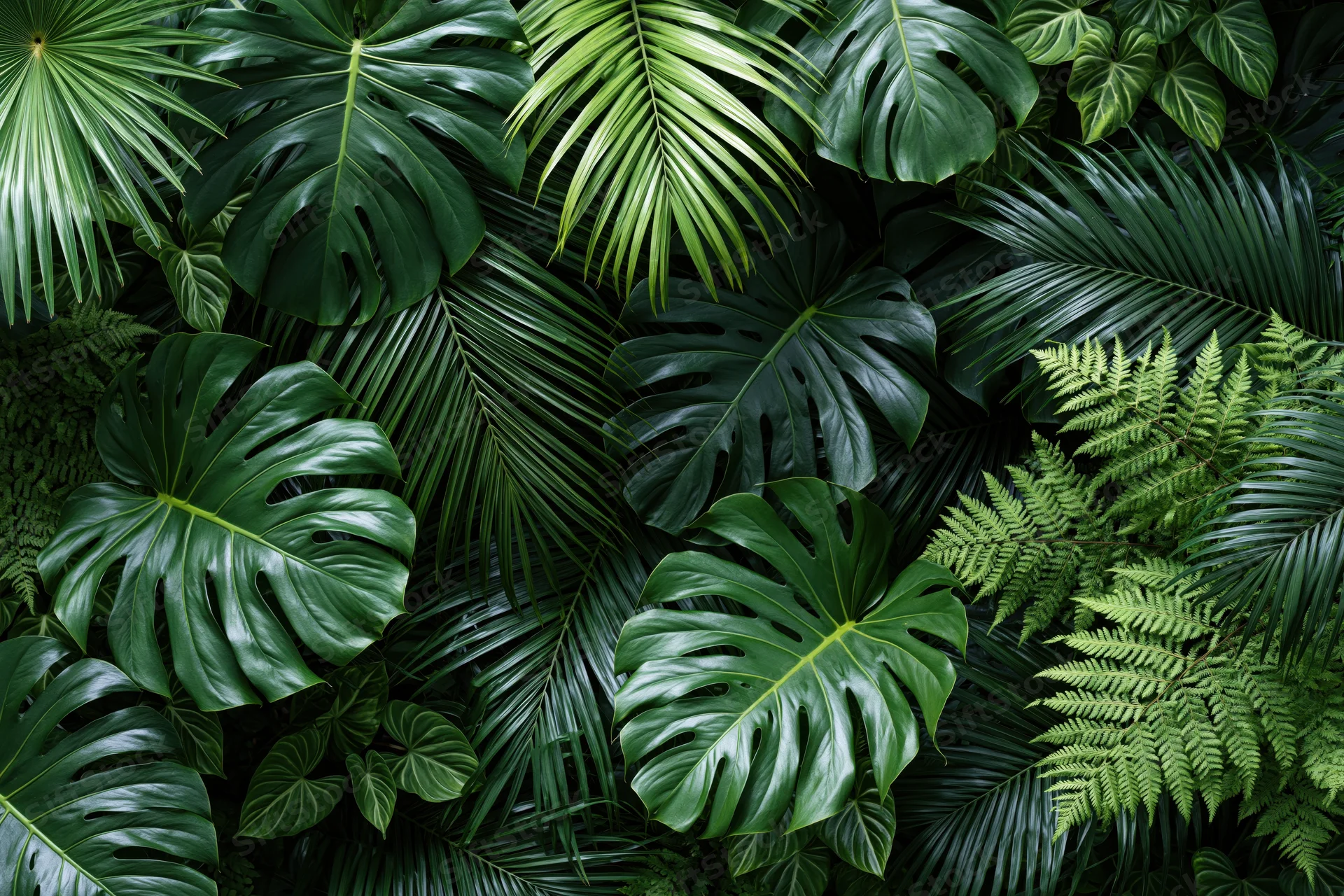 Dense layered tropical foliage filling the frame with monstera, palm, and fern leaves