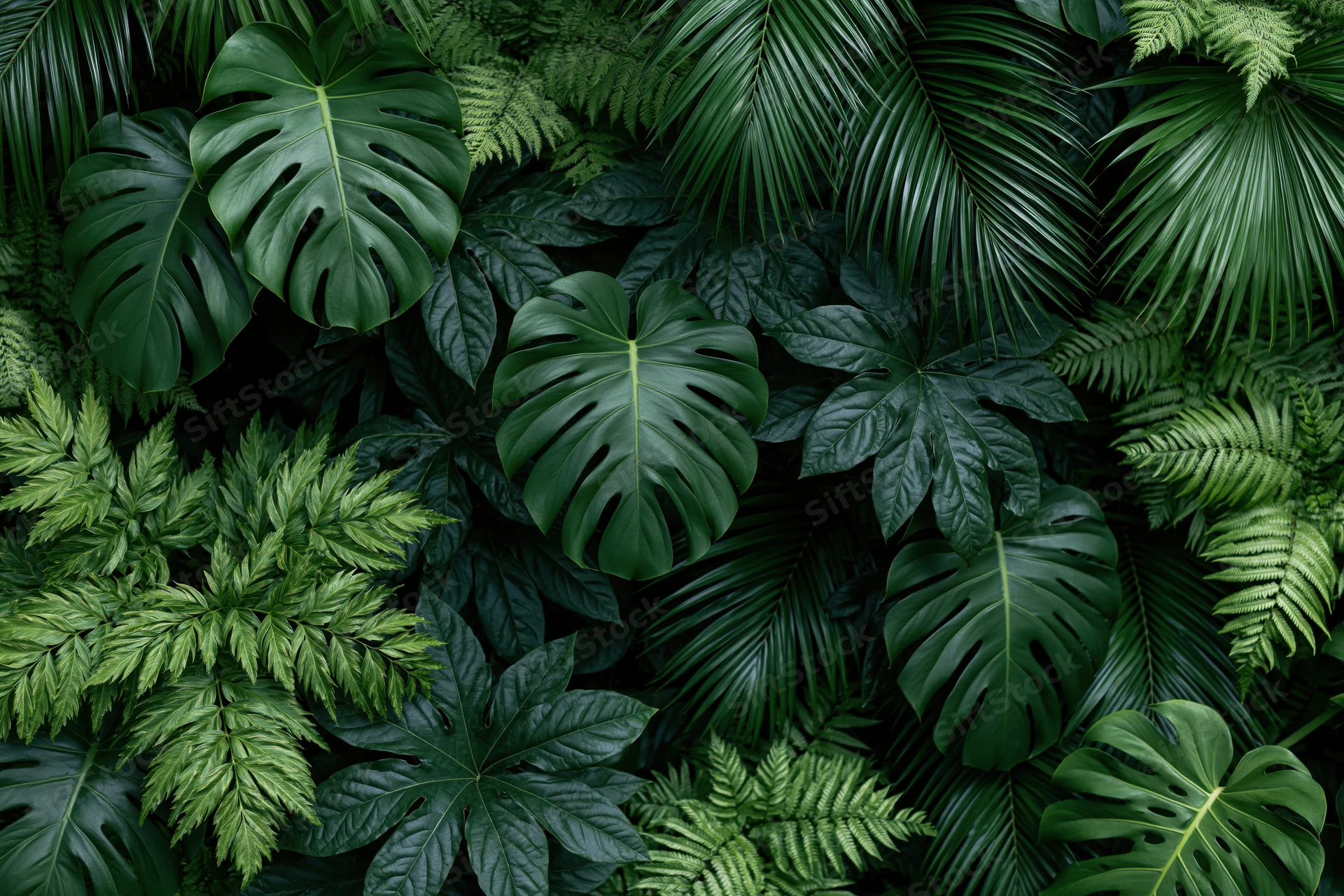 Dense tropical foliage filling the frame with monstera, palm and fern leaves