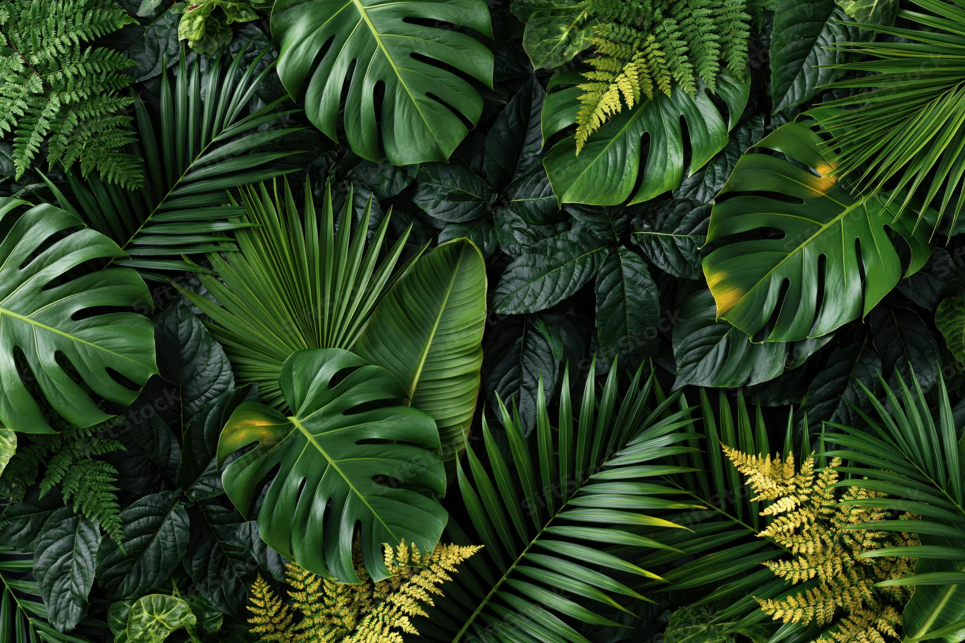 Dense layered tropical foliage filling the frame with monstera, palm, and fern leaves in a flat lay composition