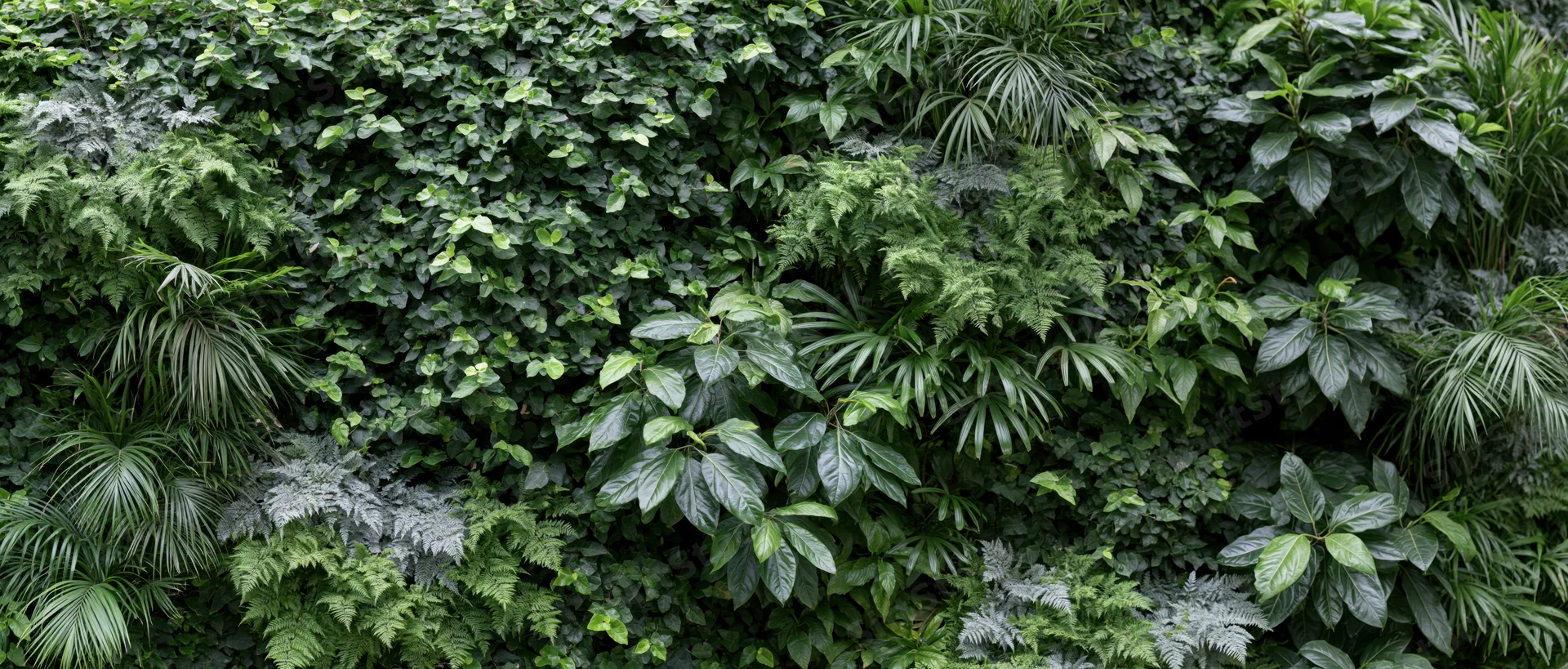 Dense green wall covered in mixed tropical foliage and ferns