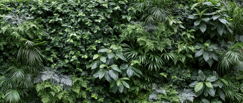 Dense green wall covered in mixed tropical foliage and ferns