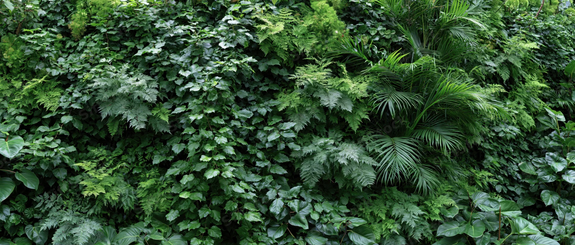 Dense green living wall covered in mixed tropical foliage and ferns