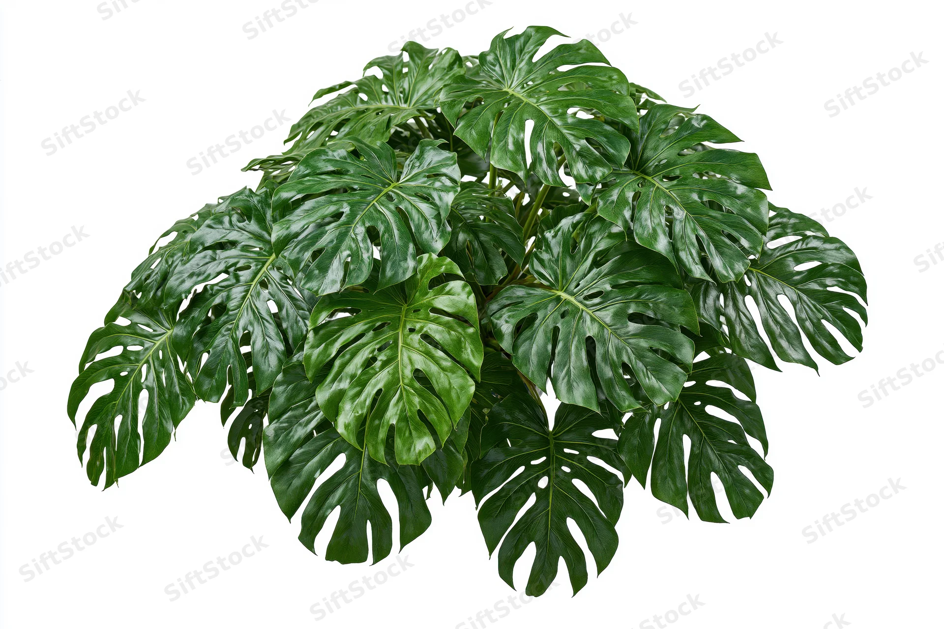 Dense cluster of monstera deliciosa plant with large split leaves isolated on white