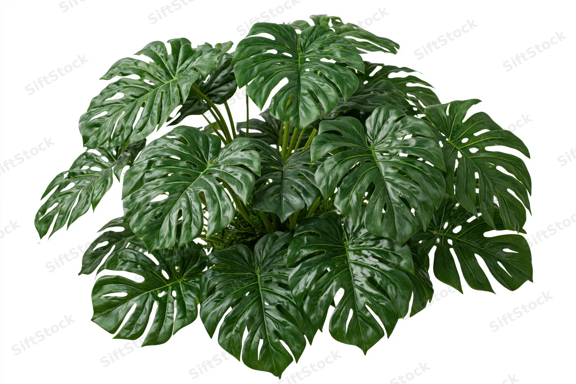 Dense cluster of monstera deliciosa plant with large split leaves isolated on white background