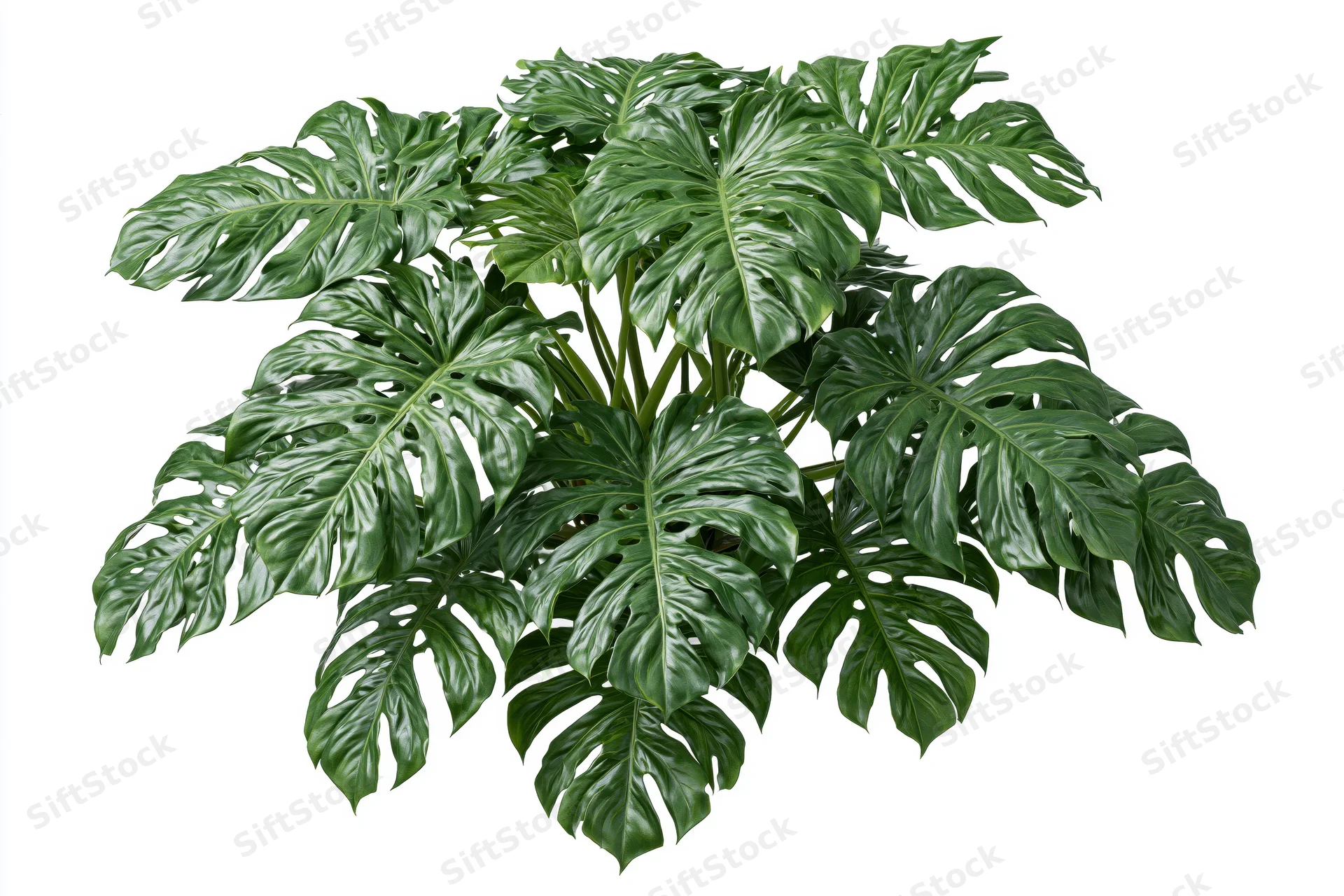Dense cluster of monstera deliciosa plant with large split leaves isolated on white