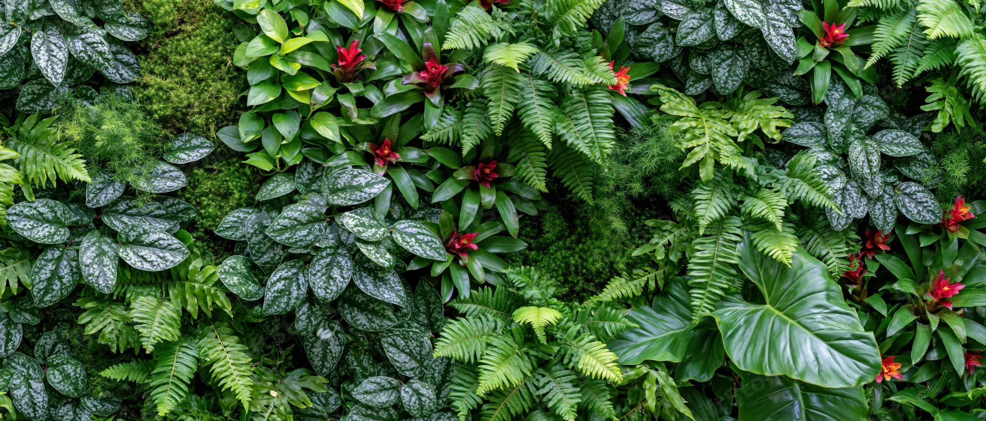 Dense vertical living plant wall covered in layered tropical foliage and greenery