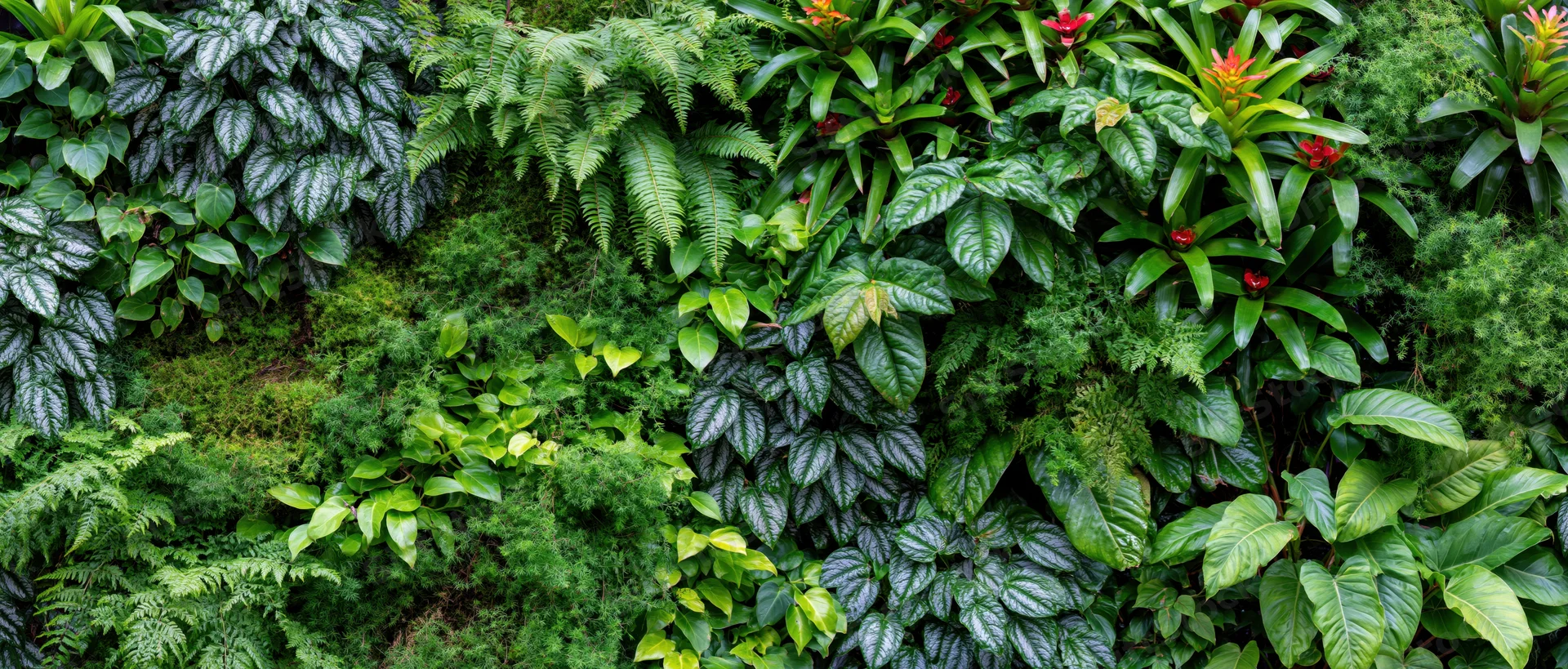 Dense vertical living plant wall covered in layered tropical foliage and greenery