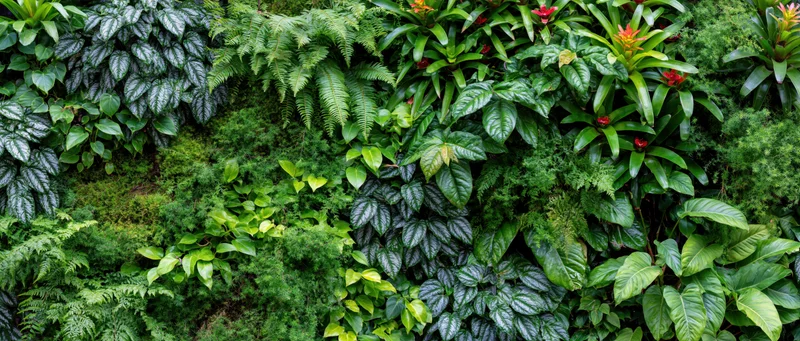 Dense vertical living plant wall covered in layered tropical foliage and greenery