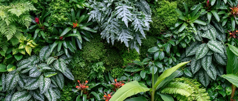 Dense vertical living plant wall covered in layered tropical foliage and moss