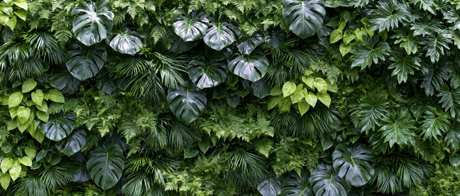Dense wall of mixed tropical foliage filling the frame
