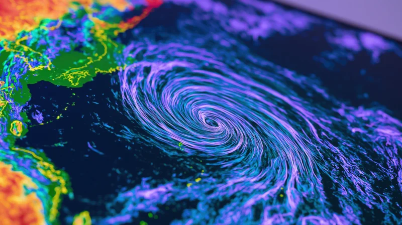 Digital weather radar screen showing a swirling tropical cyclone over the ocean