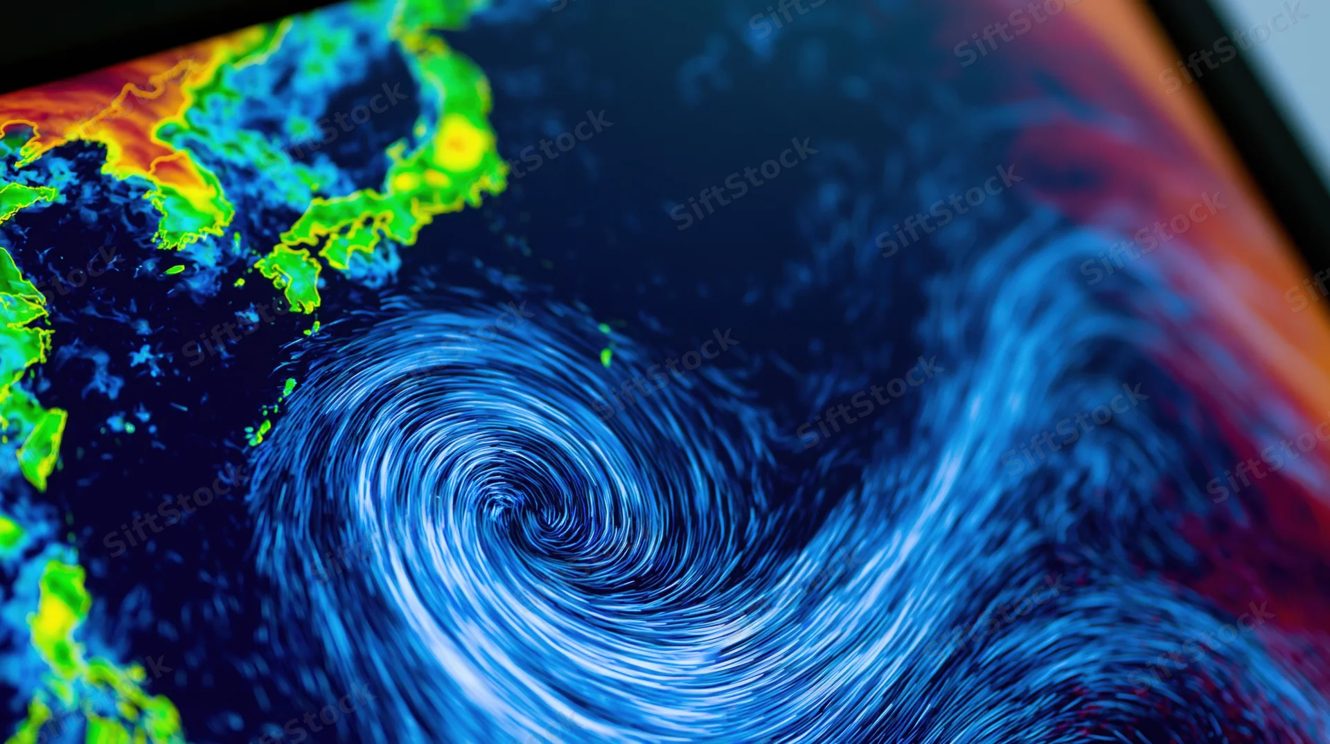 Digital weather radar screen showing a swirling tropical cyclone over ocean waters