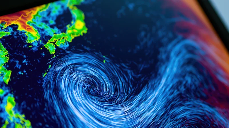 Digital weather radar screen showing a swirling tropical cyclone over ocean waters