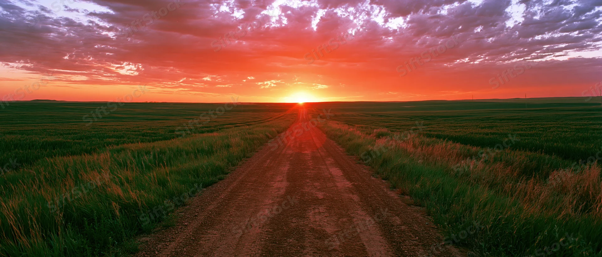 Dirt road stretching through green crop fields toward a fiery sunset on the horizon