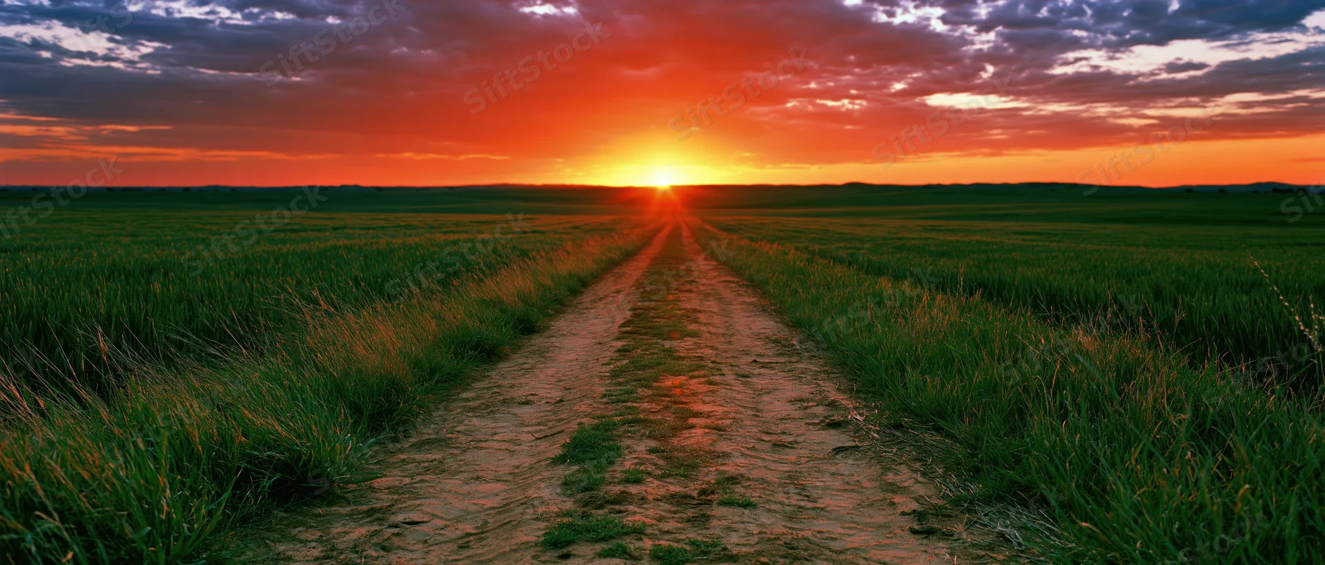 Dirt road cutting through green crop fields toward sunset horizon