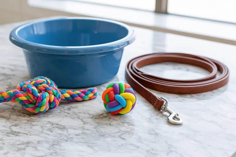 Dog accessories including leash, bowl, and toys arranged on a marble surface