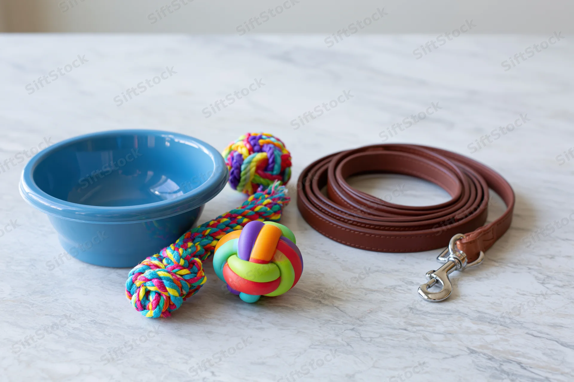Dog accessories including a leash, bowl, and chew toys arranged on a light marble surface