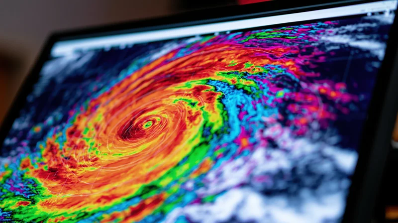 Colorful doppler radar display showing hurricane structure on computer monitor