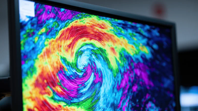 Closeup of a monitor displaying a colorful Doppler radar image of a hurricane swirling on screen in an office setting