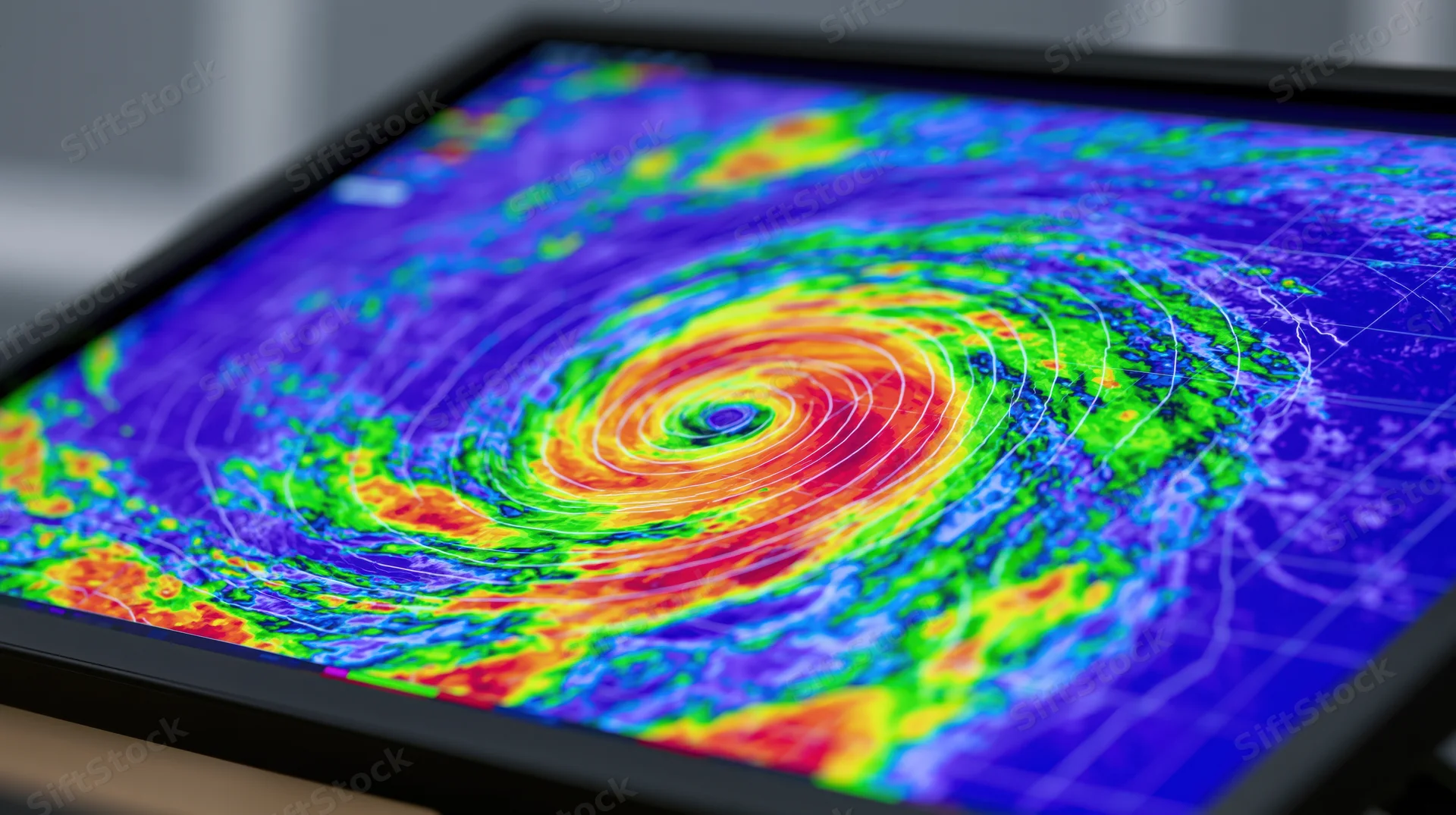 Hurricane visualization on a large monitor screen showing swirling storm patterns in color-coded radar display