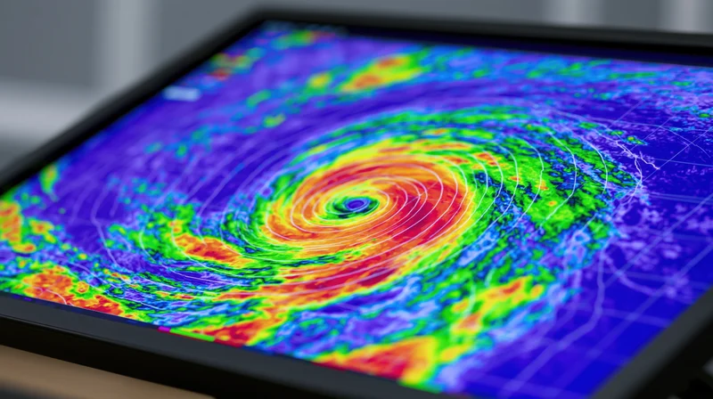 Hurricane visualization on a large monitor screen showing swirling storm patterns in color-coded radar display