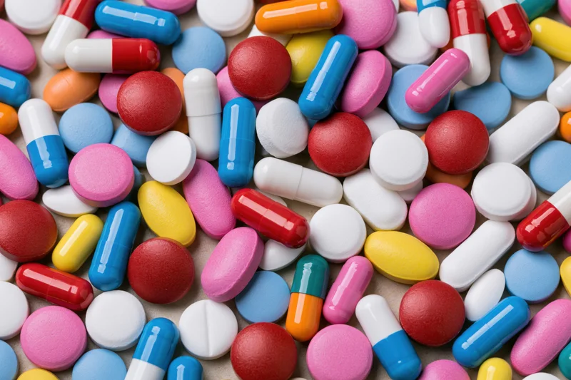 Scattered multicolored pills and capsules on a flat surface