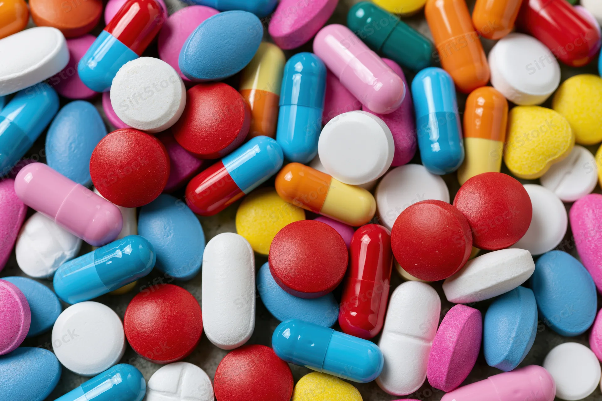 Assorted pharmaceutical pills and capsules scattered on a flat surface in close-up view