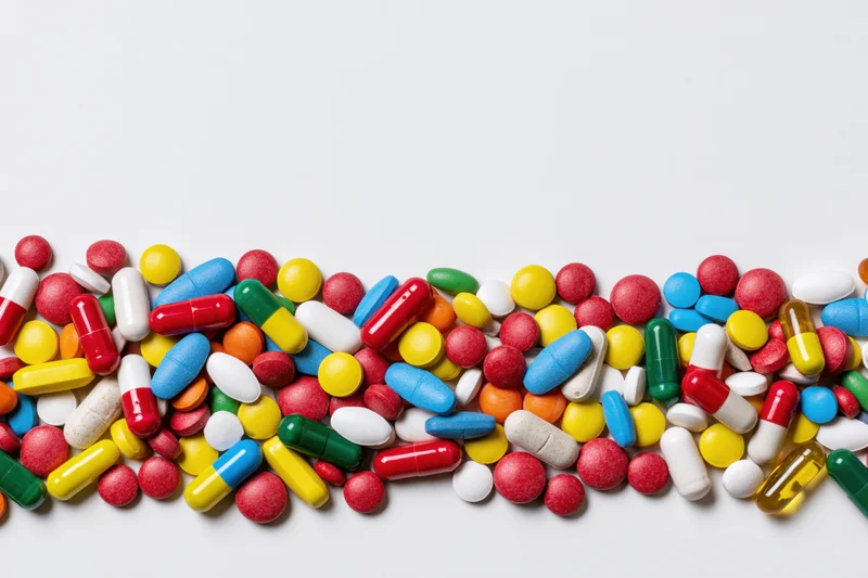 Assorted pharmaceutical pills and capsules scattered in a row across a white surface