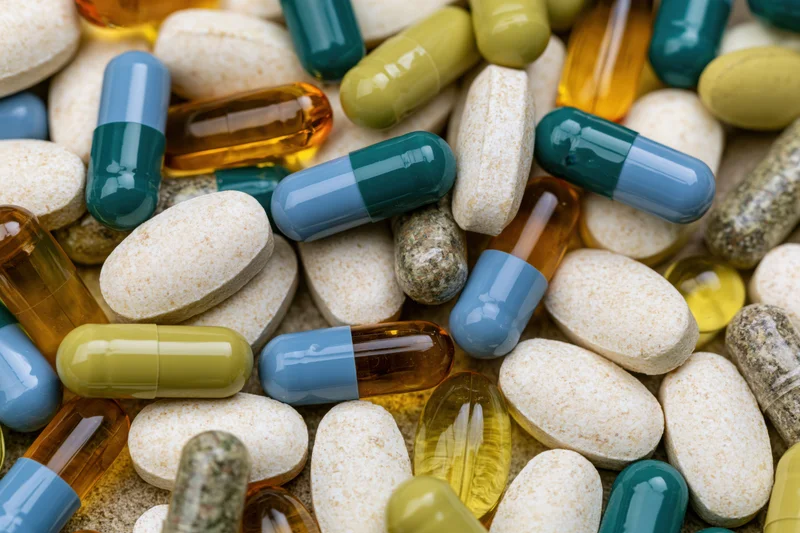 Assorted medication capsules and tablets scattered in close-up view