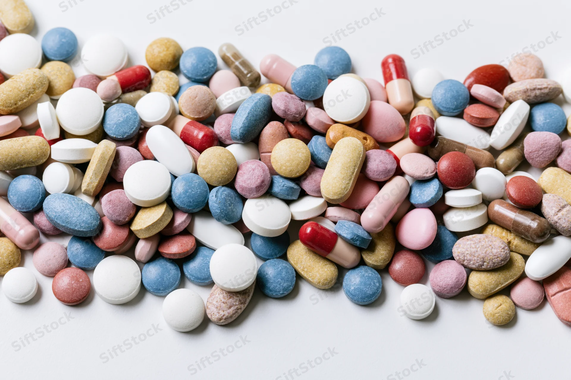 Assorted prescription pills and capsules scattered on a white surface