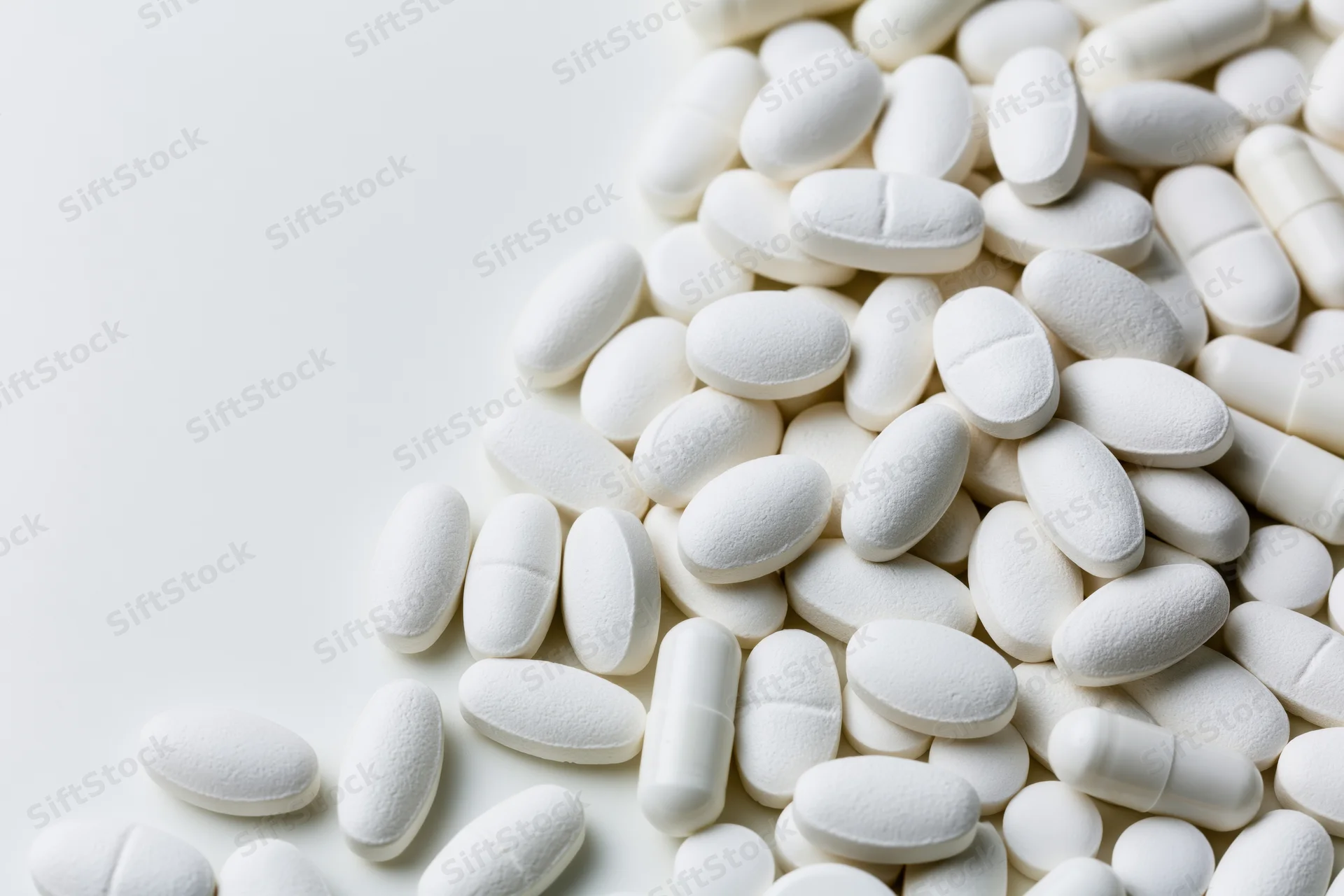 White pharmaceutical tablets and capsules scattered on a plain surface with copyspace