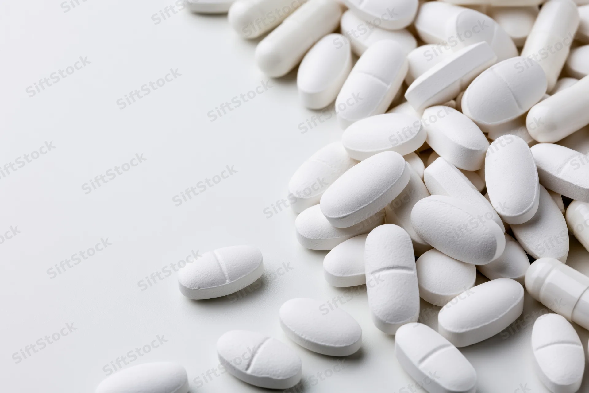 White pharmaceutical tablets and capsules scattered on a plain surface with copyspace