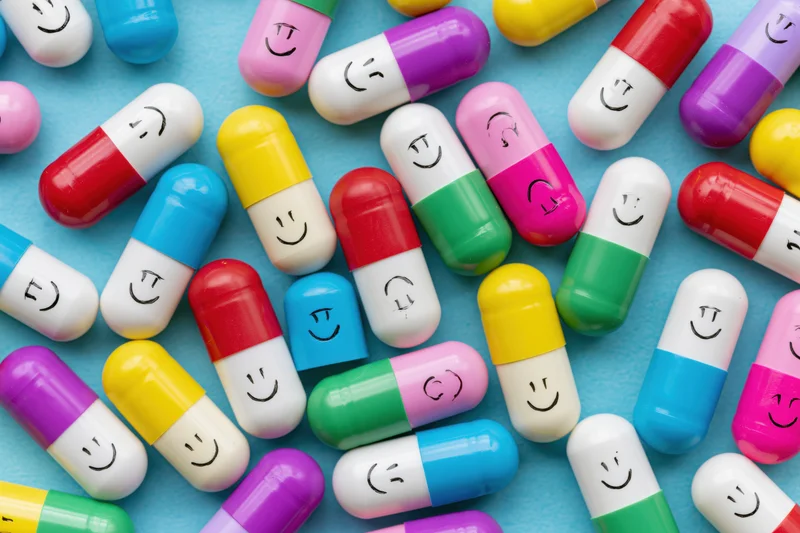 Colorful capsule pills with hand-drawn smiley faces scattered on blue background