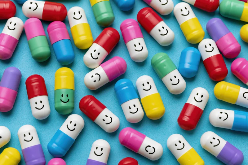 Colorful capsule pills with hand-drawn smiley faces scattered on a blue surface
