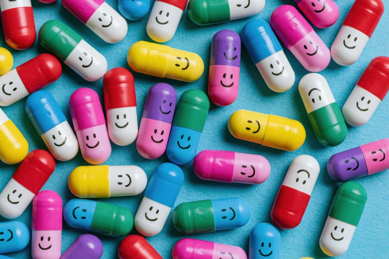 Colorful capsule pills with hand-drawn smiley faces scattered on a blue surface