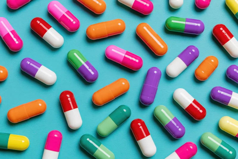 Colorful two-tone pharmaceutical capsules scattered on a blue background