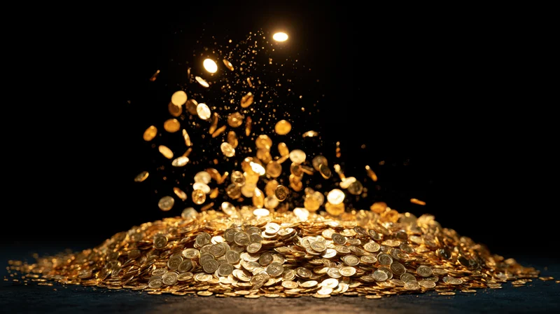 Gold coins exploding upward and raining down onto a pile on a dark surface