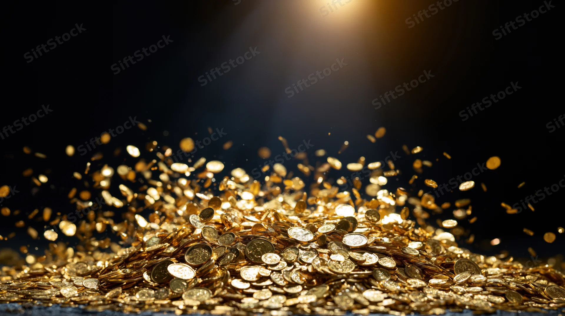 Gold coins exploding upward and raining down onto a pile in a dark space lit by a spotlight