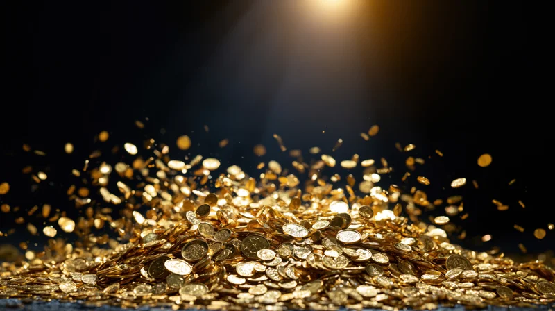 Gold coins exploding upward and raining down onto a pile in a dark space lit by a spotlight